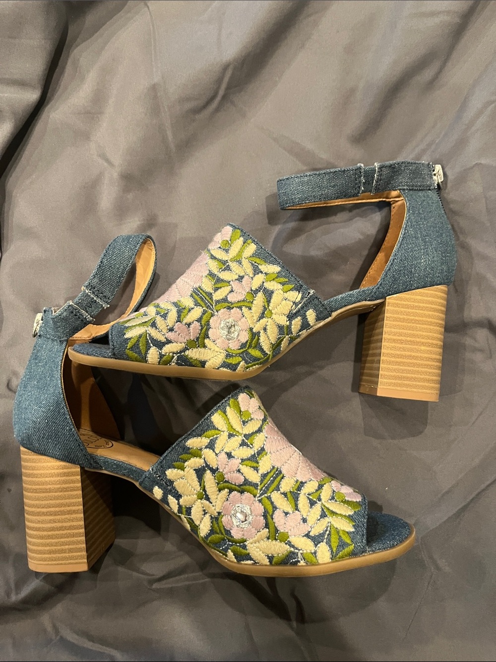 Mojo Moxy Denim Embroidered Block Heel Sandals - Blue with Pink & Green Floral